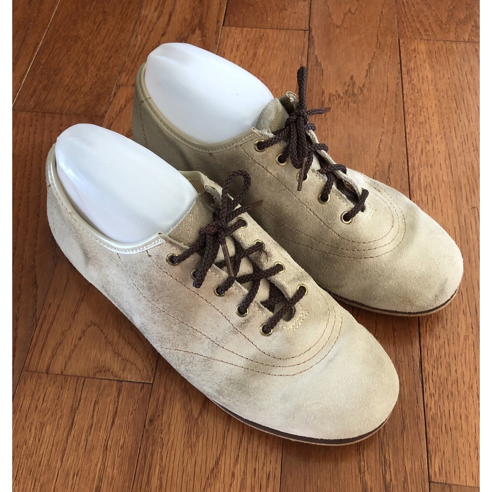 Vtg Bowling Slider Shoe Tan Suede Tan Stitch Retro Unisex Women 5.5 Men 3.5 READ